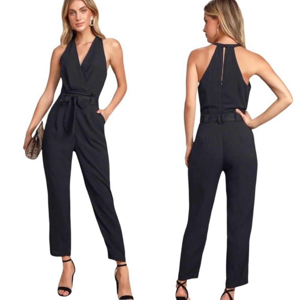 Sleeveless Black Halter Jumpsuit with Waist Tie